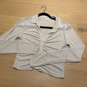 Garage Silver Shimmery Ruched Button-Down Top